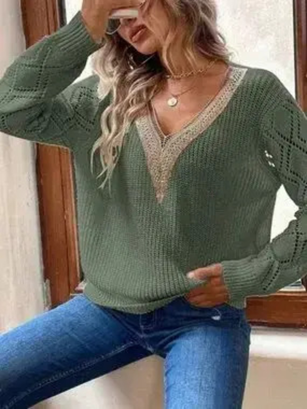 Openwork V-Neck Sweater - Picture 5 of 5